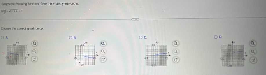 Graph the following function. Give the x - and y-intercepts.
f( x/2 )=sqrt(x+4)-1
Choose the correct graph below 
A 
B. 
C. 
D. 
D