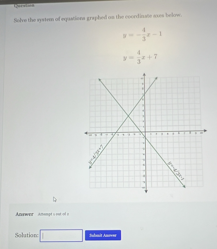 Question
Solve the system of equations graphed on the coordinate axes below.
y=- 4/3 x-1
y= 4/3 x+7
Answer Attempt 1 out of 2
Solution: □ Submit Answer