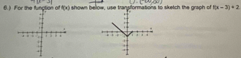 6.) For the function of f(x) shown below, use transformations to sketch the graph of f(x-3)+2.