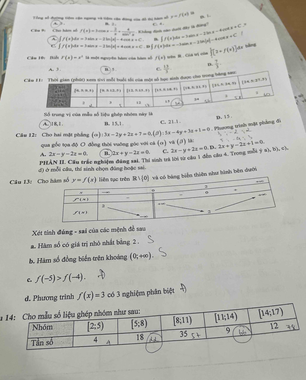 D. 1.
Tổng số đường tiệm cận ngang và tiệm cận đứng của đồ thị hìm số y=f(x) 5
A. B . B. 2 , C 4.
Câu 9: Cho hàm số f(x)=3cos x- 2/x + 4/sin^2x  - Khẳng định nào dưới đây là đông? ∈t f(x)dx=3sin x-2ln x-4cot x+C ,
A. ∈t f(x)dx=3sin x-2ln |x|-4cot x+C. B. f(x)dx=-3sin x-2ln |x|-4cot x+C
C. ∈t f(x)dx=3sin x-2ln |x|+4cot x+C. D ∫
Câu 10: Biết F(x)=x^2 là một nguyên hàm của hàm số f(x) trên R . Giá trị của ∈tlimits _1^(1[2+f(x)]dx bàng
A. 3 . B. 5 . C. frac 13)3.
D.  7/3 .

a qó
Số trung vị của mẫu số liệu ghép nhóm này là
D. 15 .
A. 18,1. B. 15,1. C. 21.1 .
Câu 12: Cho hai mặt phẳng (alpha ):3x-2y+2z+7=0,(beta ):5x-4y+3z+1=0. Phương trình mặt phẳng đi
qua gốc tọa độ O đồng thời vuông góc với cả (α) và B
A. 2x-y-2z=0. B. 2x+y-2z=0. C. 2x-y+2z=0.D.2x+y-2z+1=0. ) là:
PHÀN II. Câu trắc nghiệm đúng sai. Thí sinh trả lời từ câu 1 đến câu 4. Trong mỗi ý a), b), c),
d) ở mỗi câu, thí sinh chọn đúng hoặc sai.
Câu 13: Chng biến thiên như hình bên dưới
Xét tính đúng - sai của các mệnh đề sau
a. Hàm số có giá trị nhỏ nhất bằng 2 .
b. Hàm số đồng biến trên khoảng (0;+∈fty )
c. f(-5)>f(-4).
d. Phương trình f(x)=3 có 3 nghiệm phân biệt
*