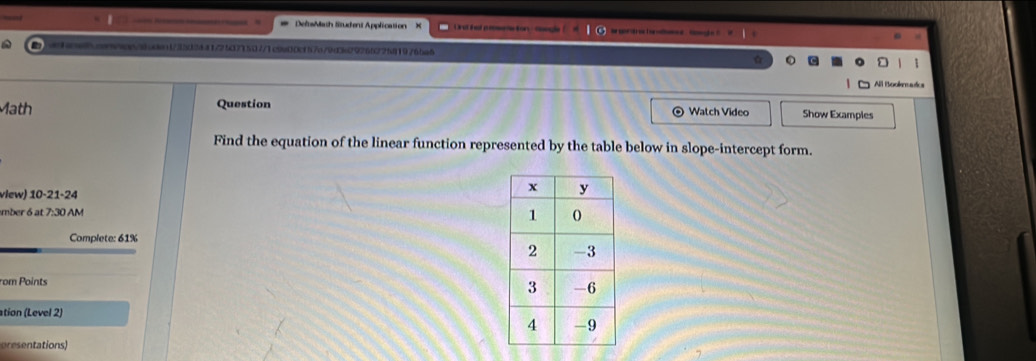 DelsMaih litudent Application U nt hed e ton ? 
a 494e5c9cn5baden1/303441/25371507/1c9a00cf57e79d3a2926622581976ba6 
All Bookads 
Math Question Watch Video Show Examples 
Find the equation of the linear function represented by the table below in slope-intercept form. 
view) 10-21-24 
mber 6 at 7:30 AM 
Complete: 61% 
rom Points 
ation (Level 2) 
oresentations)