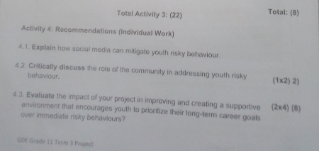 Total Activity 3: (22) 
Total: (8) 
Activity 4: Recommendations (Individual Work) 
4.1. Explain how social media can mitigate youth risky behaviour. 
4.2. Critically discuss the role of the community in addressing youth risky (1x2) 2) 
behaviour. 
4.3. Evaluate the impact of your project in improving and creating a supportive (2x4) (8) 
environment that encourages youth to prioritize their long-term career goals 
over immediate risky behaviours? 
GDE Grade 11 Term 3 Project