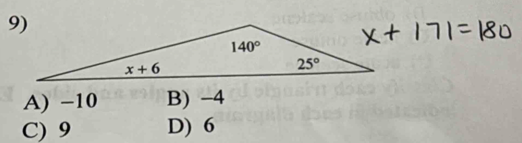 A) −10 B) -4
C) 9 D) 6