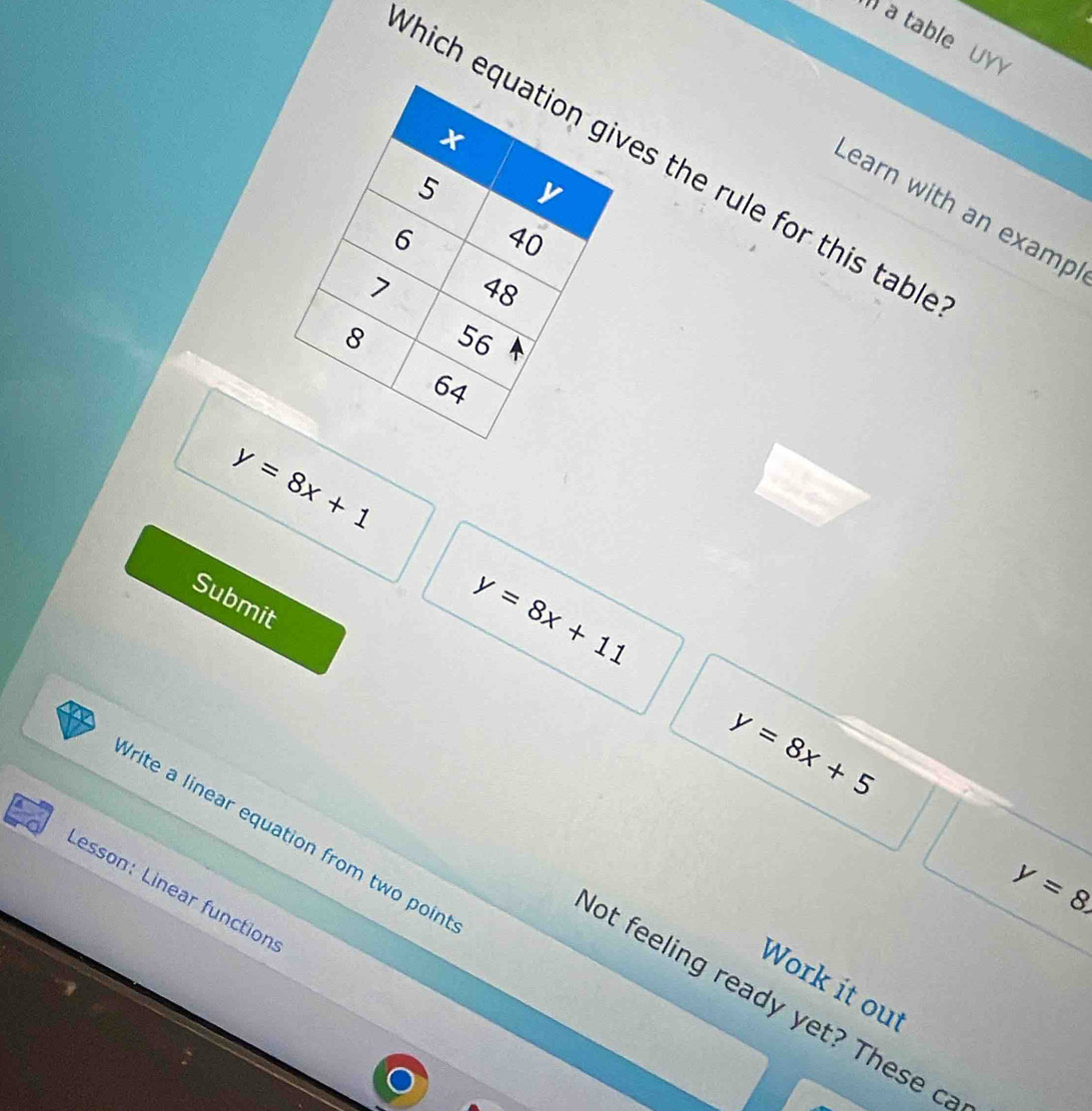 a table UYY 
hich ees the rule for this tabl 
Learn with an examp
y=8x+1
Submit
y=8x+11
y=8x+5
rite a linear equation from two poin
y=8x
Lesson: Linear function 
Work it out 
lot feeling ready yet? These c