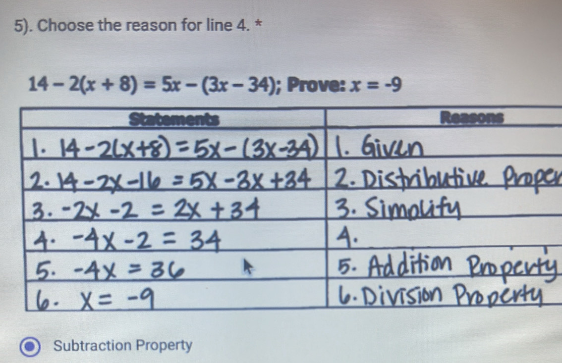 5). Choose the reason for line 4. *
14-2(x+8)=5x-(3x-34); Prove: x=-9
Subtraction Property