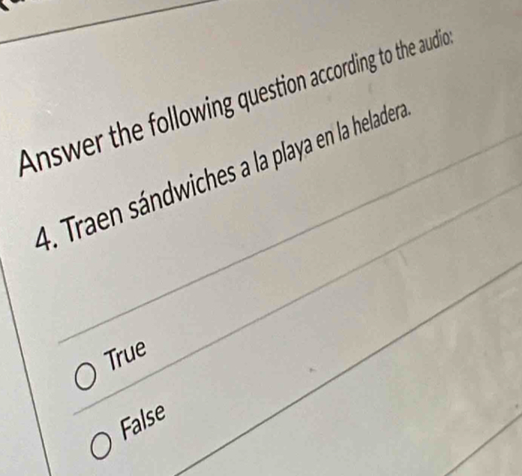 Answer the following question according to the audic
4. Traen sándwiches a la playa en la heladen.
True
False