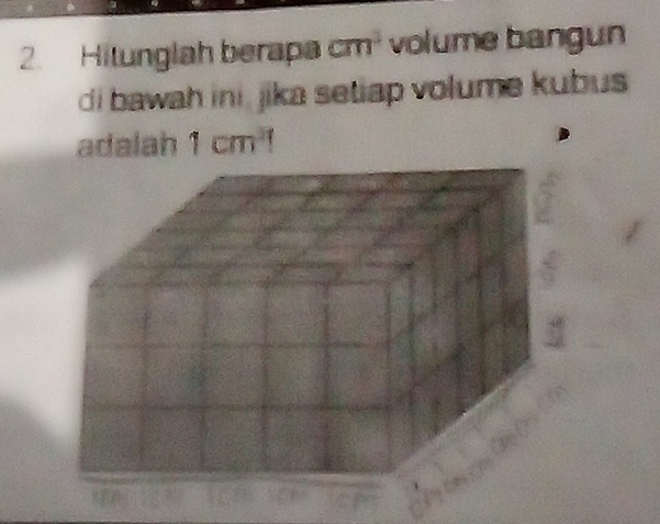 Hitunglah berapa cm^3 volume bangun 
di bawah ini , jika setiap volume kubus 
adalah 1cm^3