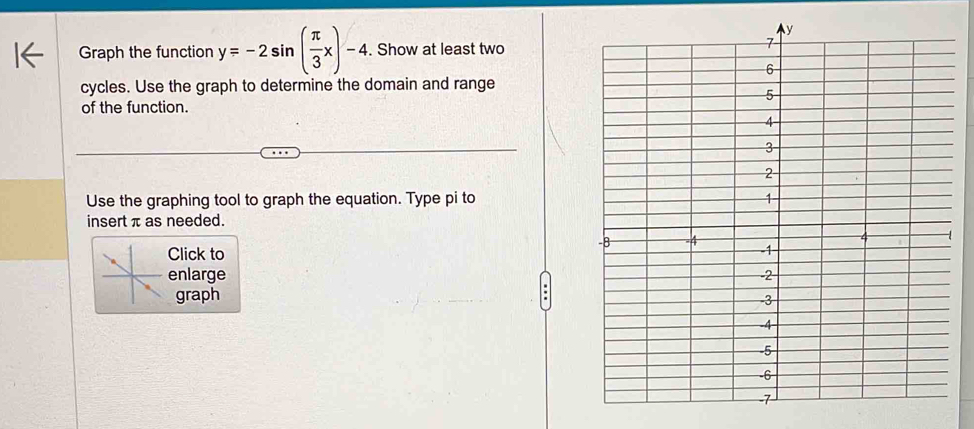 Graph the function y=-2sin ( π /3 x)-4. Show at least two 
cycles. Use the graph to determine the domain and range 
of the function. 
Use the graphing tool to graph the equation. Type pi to 
insert π as needed. 
Click to 
enlarge 
graph