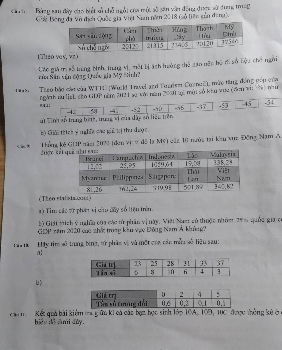 Bảng sau đây cho biết số chỗ ngồi của một số sân vận động được sử dụng trong 
Giải Bóng đá Vô địch Quốc gia Việt Nam năm 2018 (số liệu gần đúng). 
(Theo vov, vn) 
Các giá trị số trung bình, trung vị, mốt bị ảnh hưởng thế nào nếu bỏ đi số liệu chỗ ngồi 
của Sân vận động Quốc gia Mỹ Đình? 
Câu 8: Theo báo cáo của WTTC (World Travel and Tourism Council), mức tăng đóng góp của 
nvới năm 2020 tại một số khu vực (đơn vi: %) như 
s 
a) Tính số trung bình, trung vị của dãy 
b) Giải thích ý nghĩa các giá trị thu được. 
Câu 9: Thống kê GDP năm 2020 (đơn vị: tỉ đô la Mỹ) của 10 nước tại khu vực Đông Nam Á 
được kết 
(Theo statista.com) 
a) Tìm các tứ phân vị cho dãy số liệu trên. 
b) Giải thích ý nghĩa của các tứ phân vị này. Việt Nam có thuộc nhóm 25% quốc gia có 
GDP năm 2020 cao nhất trong khu vực Đông Nam Á không? 
Cấ 10: Hãy tìm số trung bình, tứ phân vị và mốt của các mẫu số liệu sau: 
a) 
b) 
ca : Kết quả bài kiểm tra giữa kì cả các bạn học sinh lớp 10A, 10B, 10C được thống kê ở 
biểu đồ dưới đây.