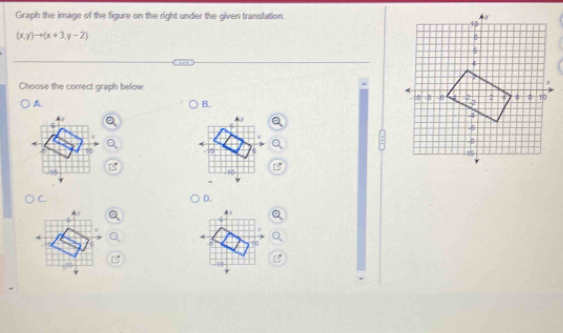 Graph the image of the figure on the right under the given translation.
(x,y)to (x+3,y-2)
Choose the correct graph below 
A. 
B. 
C. 
D.