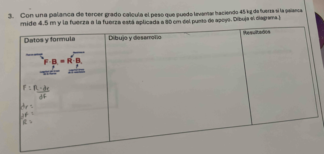 Con una palanca de tercer grado calcula el peso que puedo levantar haciendo 45 kg de fuerza si la palanca
la fuerza a la fuerza está aplicada a 80 cm del punto de apoyo. Dibuja el diagrama.