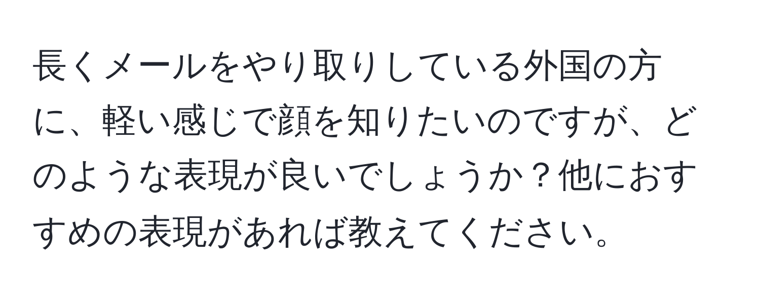 長くメールをやり取りしている外国の方に、軽い感じで顔を知りたいのですが、どのような表現が良いでしょうか？他におすすめの表現があれば教えてください。