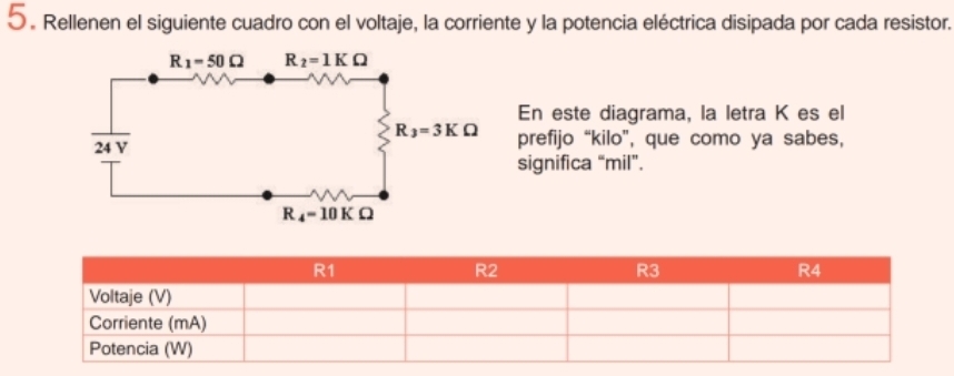 Rellenen el siguiente cuadro con el voltaje, la corriente y la potencia eléctrica disipada por cada resistor.
En este diagrama, la letra K es el
prefijo “kilo”, que como ya sabes,
significa “mil”.