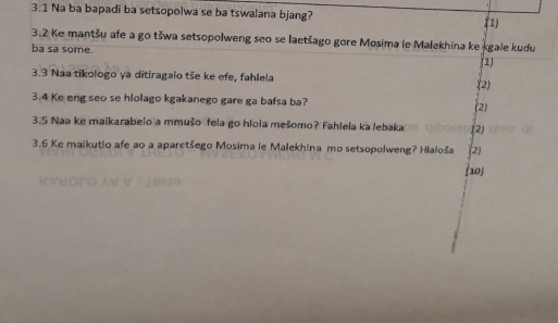 3.1 Na ba bapadi ba setsopolwa se ba tswalana bjang? 
(1) 
3.2 Ke mantšu afe a go tšwa setsopolweng seo se laetšago gore Mosima le Malekhina ke kgale kudu 
ba sa some. 
1) 
3.3 Naa tikologo ya ditiragalo tše ke efe, fahlela 2 
3. 4 Ke eng seo se hlolago kgakanego gare ga bafsa ba? (2) 
3.5 Naa ke maikarabelo a mmušo fela go hloła mešomo? Fahlela ka lebaka (2) 
3.6 Ke maikutio afe ao a aparetšego Mosima le Malekhina mo setsopolweng? Hlaloša 2) 
10