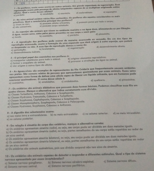 Os poríferos, assim como ocorre em outros animais, têm grande capacidade de regeneração. Essa
regemeração ocorre pela presença de células tetipotentes capaxes de se multiplicar originando outras
a) parócito  células. Qual a nome dessas células b) amebócito ) coanócito d) esclerableuo e) espongino
2 - No reino animal existem vérios filos conhecidos. Os pariferos são aqueles considerados os mais
primitives. Qual a característica principal dos pariferos?
d) são comestíveis) g] vivem nọ mar el possuem corpo achatado. b) passuem células urticantes, c) possuem paros por tado o corpo;
3 - As esponjas são animais que vivem no ambiente marinho e na água doce, alimentande-se por filtração.
a) ósculo. A água, nesses seres, entra palos paras presentes no seu corpo e seem pelo: c) porócito. d) pinacácite.
b) coanócifo.
4 - A reprodução dos poríferos pode ocorrer do maneira assexuada ou sexuada. Em um dos tipos da
reprodução assexueda, ocerre a formação de uma expansão que darã origem à outra esponja, que poderá
se desprender ou não. A esse tipo de reprodução damos o nome des c) regeneração d) desenvalvimento dirato.
b| brotaments.
e) desenvalvimento indireto. a) gemulação
5 - O principal papel dos connócitos nos poríferos é:
a) transportar substências para todo o animal.
c) formar o esqueleto do animal, b) originar elementos reprodutivos.
e) dar origem a outros típos de células. d) provecar a circulação da água no enimal.
6 - As águas-vivas são exemplos de representantes do filo Cnidaria que frequentementa causam acidentes
nas praias. São comuns relatos de pessoas que apresentaram queimaduras por esses animais. Esses seres
apresentam como forma de defesa uma célula capaz de liberar um líquido urticante, que em humanos pode
a) coanócitos. ocasionar queimaduras. O nome dessa célula és b) amebócitos. c) cnidobiastos. d) quellicera. . e) pinacócitos.
7 - Os cnidários são anímais diblásticos que possuem duas formas básicas. Podemos classificar esse filo em
quatro classes. Marque a alternativa que indica corretamente essa divisão.
a) Classes Turbellaria, Anthozoa, Cubozoa e Scaphopoda.
b) Classes Hydrozoa, Trematoda, Cubozoa e Turbellaria.
c) Classes Scyphozaa, Cephalopada, Cubozoa e Scaphopoda.
d) Classes Monopłocophora, Scaphopoda, Cubazoa e Pelecypoda.
e) Classes Hydrozoa, Scyphozoa, Cubozoa e Anthozoa.
8 - A digestão dos celenterados ocorre: d) no melo intracelular.
a) nos meios intra e extracelulares. b) no meio extracelular. c) no celoma anterior.
e) no celoma posterior.
9 - Em relação à simetria do corpo dos cnidários, marque a alternativa correta:
a) Os cnidários apresentam simetria radial, ou seja, seu corpo pode ser dividido em duas metades iguais.
b) Os cidários apresentam simetria radial, ou seja, partes semelhantes do seu corpo estão repetidas ao redor de
um eixo central.
c) Os cnidários opresentam simetria bilateral, ou seja, seu corpo pode ser dividido em duas metades iguais.
d) Os cidários apresentam simetria bilateral, ou seja, partes semelhantes do seu corpo estão repetidas ao redor
de um eixo central.
e) Os cnidários são animais assimétricos, pois sua divisão corporal não tem eixo de simetria.
10 - Os cnidários são animais capazes de detectar e responder a diferentes estímulos. Qual o tipo de sistema
nervoso apresentado por esses invertebrados?
a) Sistema nervoso ganglionar. b) Sistema nervoso cérebro-espinhal. c) Sistema nervoso difuso.
d) Sistema nervoso central. e) Sistema nervoso periférico.