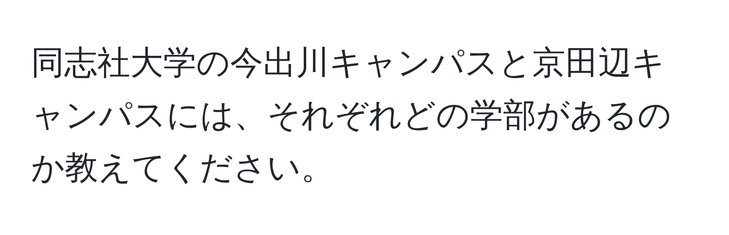 同志社大学の今出川キャンパスと京田辺キャンパスには、それぞれどの学部があるのか教えてください。