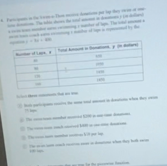 Participants in the S wim-a-Thon receive donations per lap they swim or one-
time donstions. The table shows the sital arisonnt in donations y (in dellars)
a swns taes mnnber eares vwimming r mumber of laps. The total amount a
ewim ta couch eares onimming a number of hips is repeosented by tha
Solect three sutements that an trve.
④ Both purticipants receive the ume total amount in donations when they swom
75 kips
The owm tear nimber received $200 in oar-tamt donations.
The som tom cunch rcceived $400 in one-ame dosations.
The so. tam tember scotives $10 per lap.
The asamJesm coach recerves sore in donstions when they both swim
1 lps.
het are soe for the piccw ise feation