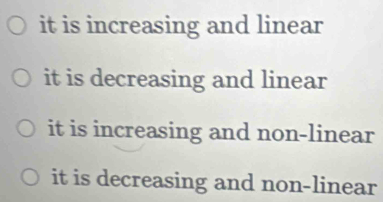 it is increasing and linear
it is decreasing and linear
it is increasing and non-linear
it is decreasing and non-linear