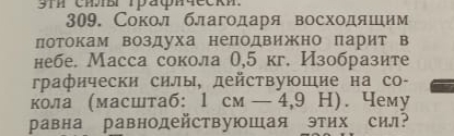 Сокол благодаря восхοдяшим 
потокам воздуха неподвижно парит в 
небе. Масса сокола θ, 5 кг. Изобразите 
графически силы, действуюшие на со- 
кола (масштаб: |CM-4 ,9 H). Чeмy 
равна равнодействуюшая этих сил?