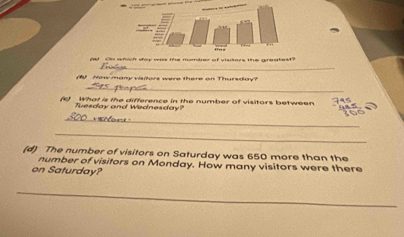 On which doy was the number of visitors the greatest? 
_ 
(b) How many visitors were there on Thursday? 
_ 
(c) What is the difference in the number of visitors between 
Tuesday and Wednesday? 
_ 
_ 
(d) The number of visitors on Saturday was 650 more than the 
number of visitors on Monday. How many visitors were there 
on Saturday? 
_