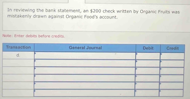 In reviewing the bank statement, an $200 check written by Organic Fruits was 
mistakenly drawn against Organic Food’s account. 
Note: Enter debits before credits.