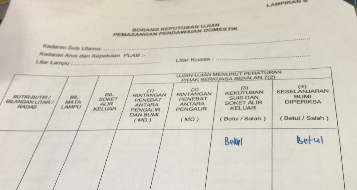 BORANG KEPUTUSAN UJIAN 
PEMASANGAN PENDAWAIAN DOMESTIK 
Kadaran Suis Utama: 
_ 
Kadaran Arus dan Kepekaan PLAB :-_ 
Litar Kuasa :