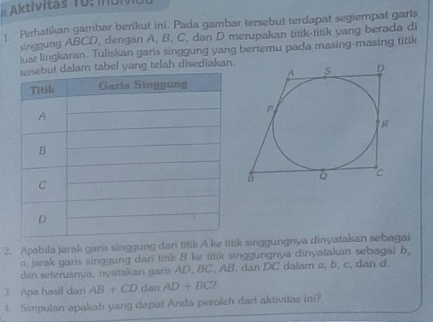 Aktivitas To: idivio 
]. Perhatikan gambar berikut ini. Pada gambar tersebut terdapat segiempat garis 
singgung ABCD, dengan A, B, C, dan D merupakan titik-titik yang berada di 
luar lingkaran. Tuliskan garis singgung yang bertemu pada masing-masing titik 
am tabel yang telah disediakan. 
2. Apabila jarak garis singgung dari titik A ke titik singgungnya dinyatakan sebagai 
, jarak garis singgung dari titik B ke titik singgungnya dinyatakan sebagai b. 
dan seterusnya, nyatakan garis AD, BC, AB, dan DC dalam c, b, c, dan d. 
3 Apa hasil dari AB+CD dan AD+BC ? 
4 Simpulan apakah yang dapat Anda peroleh dari aktivitas ini?