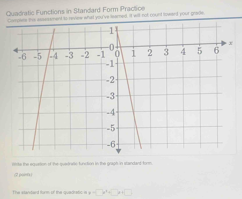 Quadratic Functions in Standard Form Practice 
Complete this assessment to review what you've leamed. It will not count toward your grade. 
Write the equation of the quadratic function in the graph in standard form. 
(2 points) 
The standard form of the quadratic is y=□ x^2+□ x+□.