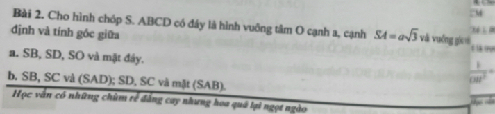 . M
Bài 2. Cho hình chóp S. ABCD có đáy là hình vuông tâm O cạnh a, cạnh SA=asqrt(3) và vuống góc vì 14
định và tính góc giữa
t n
a. SB, SD, SO và mặt đầy.
 1/OH^2 
b. SB, SC và (SAD); SD, SC và mặt (SAB). Học vận
Học vấn có những chùm rễ đẳng cay nhưng hoa quá lại ngọt ngào