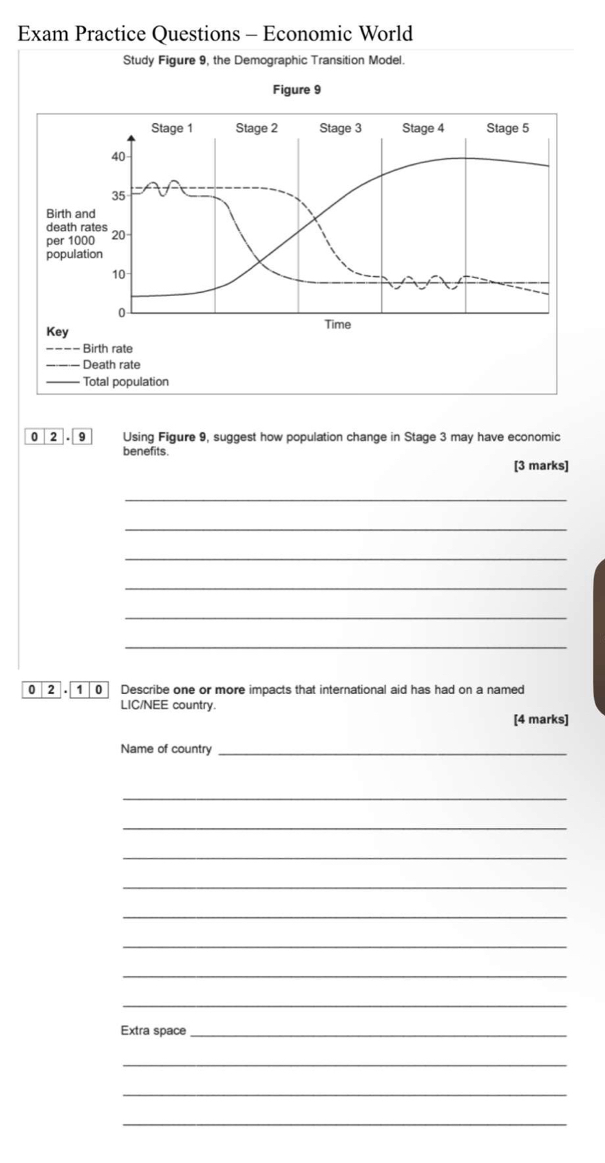 Exam Practice Questions - Economic World 
Study Figure 9, the Demographic Transition Model. 
Figure 9 
0 2 . 9 Using Figure 9, suggest how population change in Stage 3 may have economic 
benefits. 
[3 marks] 
_ 
_ 
_ 
_ 
_ 
_
0 2 1 0 Describe one or more impacts that international aid has had on a named 
LIC/NEE country. 
[4 marks] 
Name of country_ 
_ 
_ 
_ 
_ 
_ 
_ 
_ 
_ 
Extra space_ 
_ 
_ 
_