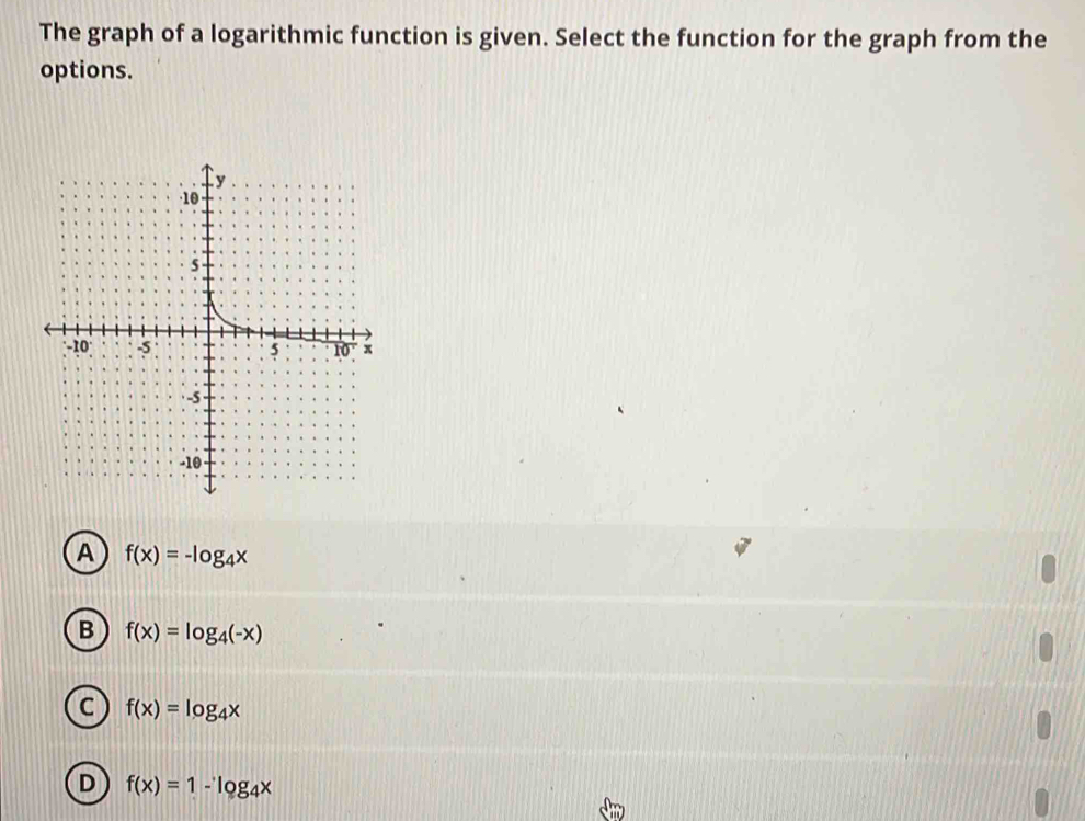Solved: The graph of a logarithmic function is given. Select the ...