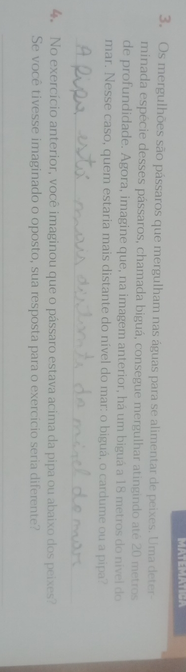 MATEMATICA 
3. Os mergulhões são pássaros que mergulham nas águas para se alimentar de peixes. Uma deter- 
minada espécie desses pássaros, chamada biguá, consegue mergulhar atingindo até 20 metros
de profundidade. Agora, imagine que, na imagem anterior, há um biguá a 18 metros do nível do 
mar. Nesse caso, quem estaria mais distante do nível do mar: o biguá, o cardume ou a pipa? 
_ 
4. No exercício anterior, você imaginou que o pássaro estava acima da pipa ou abaixo dos peixes? 
Se você tivesse imaginado o oposto, sua resposta para o exercício seria diferente? 
_ 
_