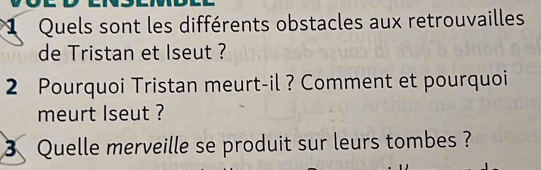 Quels sont les différents obstacles aux retrouvailles 
de Tristan et Iseut ? 
2 Pourquoi Tristan meurt-il ? Comment et pourquoi 
meurt Iseut ? 
3 Quelle merveille se produit sur leurs tombes?