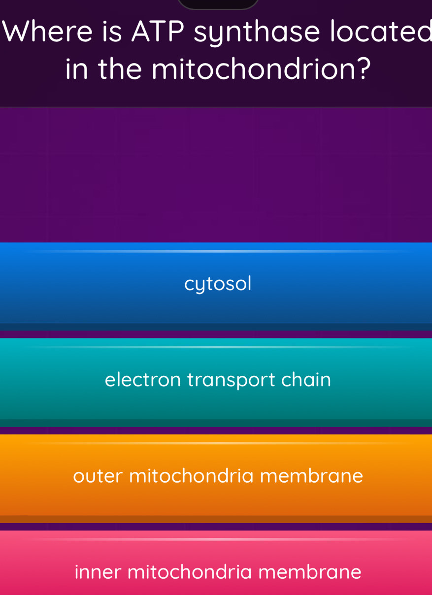 Where is ATP synthase located
in the mitochondrion?
cytosol
electron transport chain
outer mitochondria membrane
inner mitochondria membrane