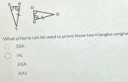 What criteria can be used to prove these two triangles congrue
SSA
1-1/L
ASA
AAS