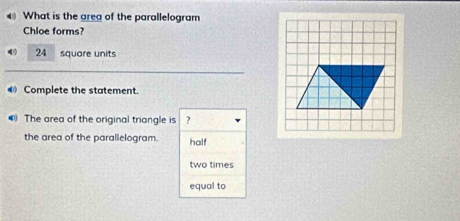 What is the area of the parallelogram
Chloe forms?
24 square units
Complete the statement.
The area of the original triangle is ?
the area of the parallelogram. half
two times
equal to