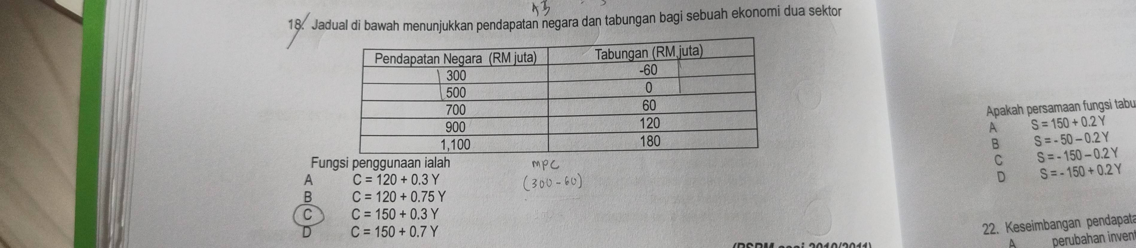 Jadual di bawah menunjukkan pendapatan negara dan tabungan bagi sebuah ekonomi dua sektor
Apakah persamaan fungsi tabu
S=150+0.2
A
B S=-50-0.2Y
Fungsi pennaan ah C S=-150-0.2Y
A C=120+0.3Y
D S=-150+0.2Y
B C=120+0.75Y
C C=150+0.3Y
D C=150+0.7Y
22. Keseimbangan pendapata
A perubahan inven