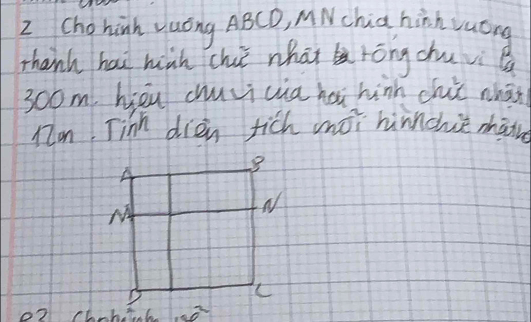 Chohinh vuóng ABCD, MNchia hih vuong
thanh hai hàh chiè whāt rōng chu vi 
300m, heu chuvi cia hai hinn chǐ whān
non Tinh dien rich mo hinnchie mane