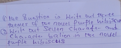 (the question is Write out tree 
themes of the noccel purple hisiscus 
② hirite out Sellen charade- and 
character balion in the novel 
purple hisiscais