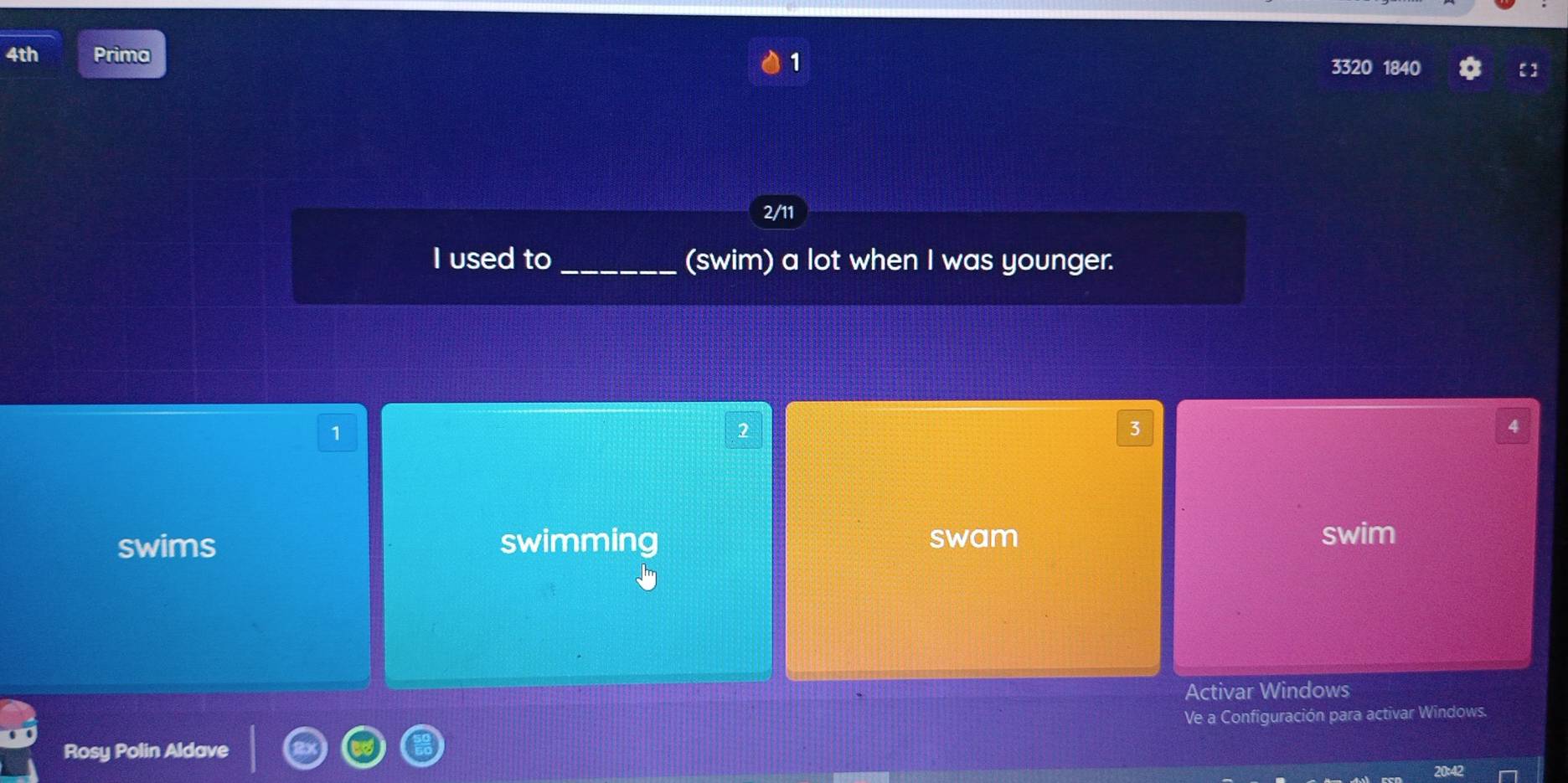 1
4th Prima 3320 1840
2/11
I used to _(swim) a lot when I was younger.
1
2
3
swims swimming swam swim
Activar Windows
Ve a Configuración para activar Windows.
Rosy Polin Aldave
20:42