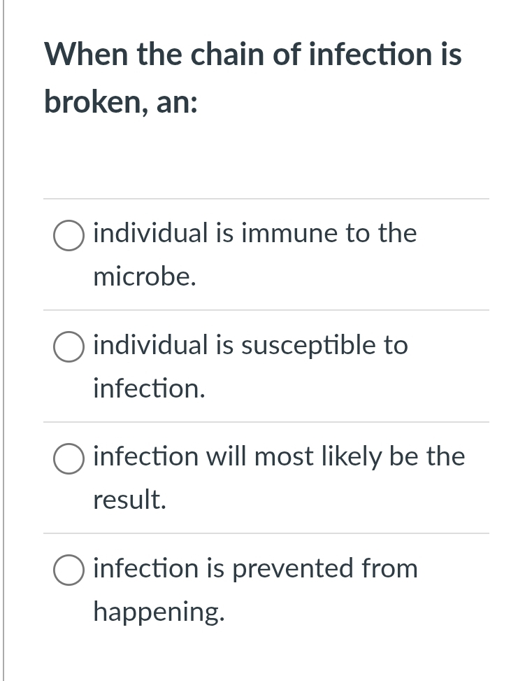 When the chain of infection is
broken, an:
individual is immune to the
microbe.
individual is susceptible to
infection.
infection will most likely be the
result.
infection is prevented from
happening.