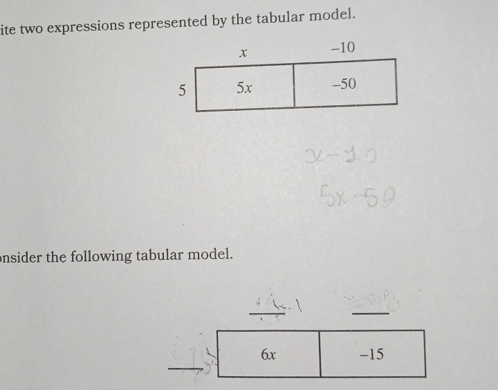 ite two expressions represented by the tabular model. 
nsider the following tabular model. 
_ 
_ 
_
6x -15