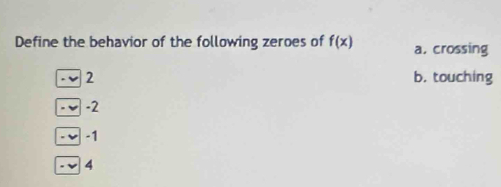 Define the behavior of the following zeroes of f(x) a. crossing
2 b. touching
-2
-1
4