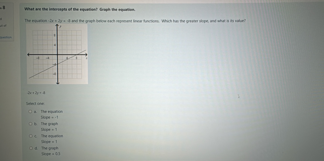 What are the intercepts of the equation? Graph the equation.
The equation -2x+2y=-8 and the graph below each represent linear functions. Which has the greater slope, and what is its value?
ut of
question
-2x+2y=-8
Select one:
a. The equation
Slope =-1
b. The graph
Slope=1
c. The equation
Slope=1
d. The graph
Slope=0.5