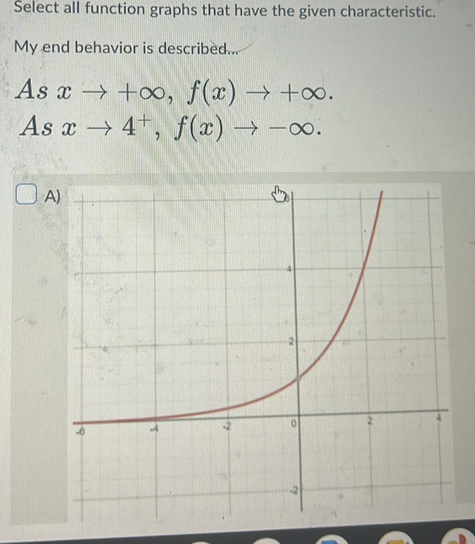 Select all function graphs that have the given characteristic.
My end behavior is described...
Asxto +∈fty , f(x)to +∈fty.
Asxto 4^+, f(x)to -∈fty. 
A