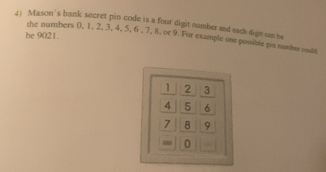 Solved: Mason’s bank secret pin code is a four digit number and each ...