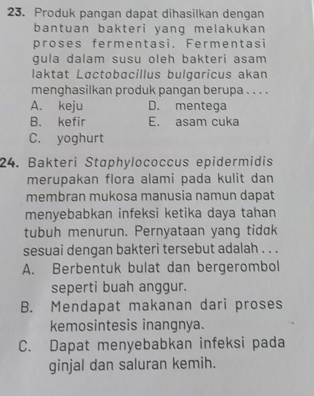 Produk pangan dapat dihasilkan dengan
bantuan bakteri yang melakukan 
proses fermentasi. Fermentasi
gula dalam susu oleh bakteri asam 
laktat Lɑctobɑcillus bulgɑricus akan
menghasilkan produk pangan berupa . . . .
A. keju D. mentega
B. kefir E. asam cuka
C. yoghurt
24. Bakteri Staphylococcus epidermidis
merupakan flora alami pada kulit dan 
membran mukosa manusia namun dapat
menyebabkan infeksi ketika daya tahan
tubuh menurun. Pernyataan yang tidak
sesuai dengan bakteri tersebut adalah . . .
A. Berbentuk bulat dan bergerombol
seperti buah anggur.
B. Mendapat makanan dari proses
kemosintesis inangnya.
C. Dapat menyebabkan infeksi pada
ginjal dan saluran kemih.