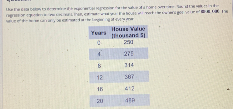 Solved: Use the data below to determine the exponential regression for ...