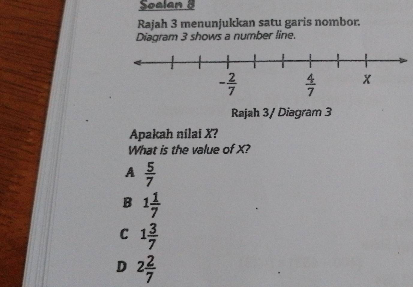 Soalan 8
Rajah 3 menunjukkan satu garis nombor.
Diagram 3 shows a number line.
Rajah 3/ Diagram 3
Apakah nilai X?
What is the value of X?
A  5/7 
B 1 1/7 
C 1 3/7 
D 2 2/7 