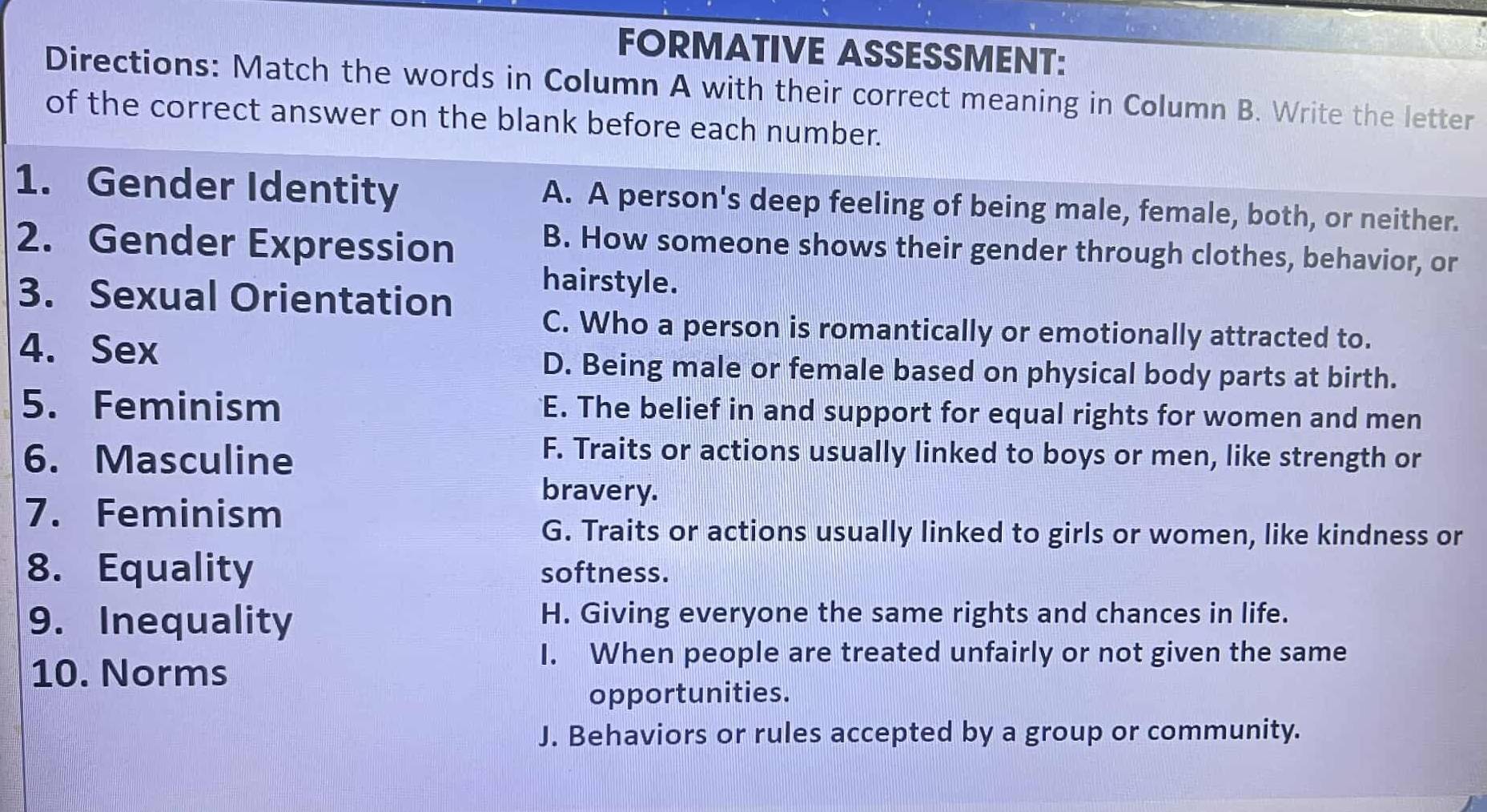 Solved: FORMATIVE ASSESSMENT: Directions: Match the words in Column A ...